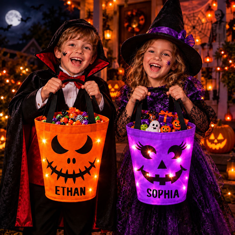 Custom LED Light Bucket Bag - Personalized Halloween Birthday Gifts For Kids - Little Boo Energy Glow Treat Bag for Kids & Trick-or-Treating - MyMoonLampAu