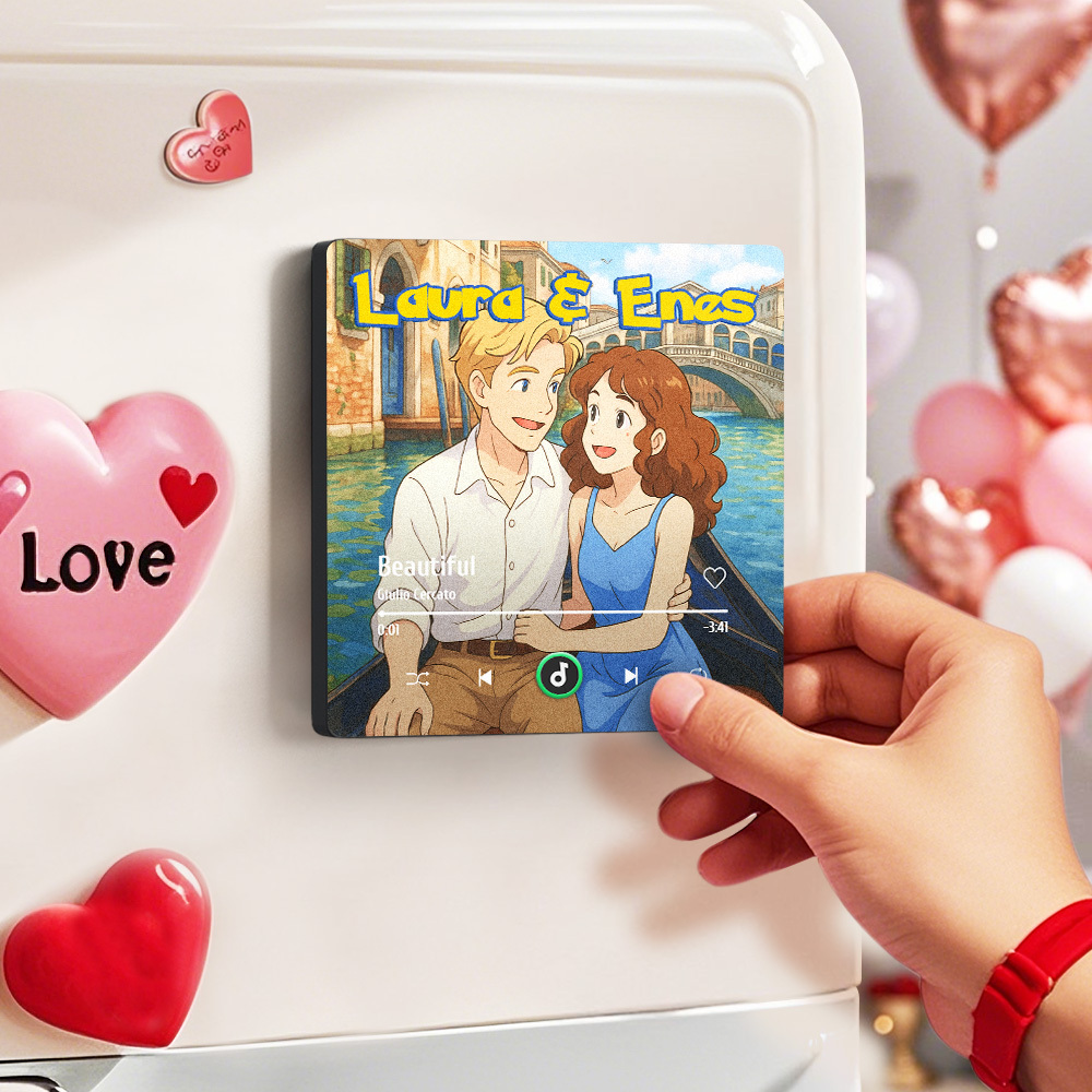 Custom Photo and Names Music Fridge Magnet Cartoon Style Personalized Photo Frame Gift for Couples - MyMoonLampAu