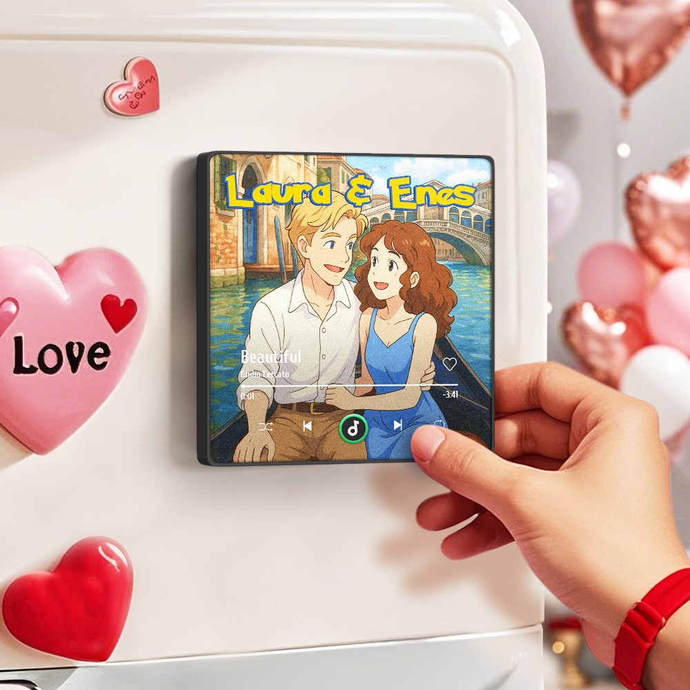 Custom Photo and Names Music Fridge Magnet Cartoon Style Personalized Photo Frame Gift for Couples - MyMoonLampAu