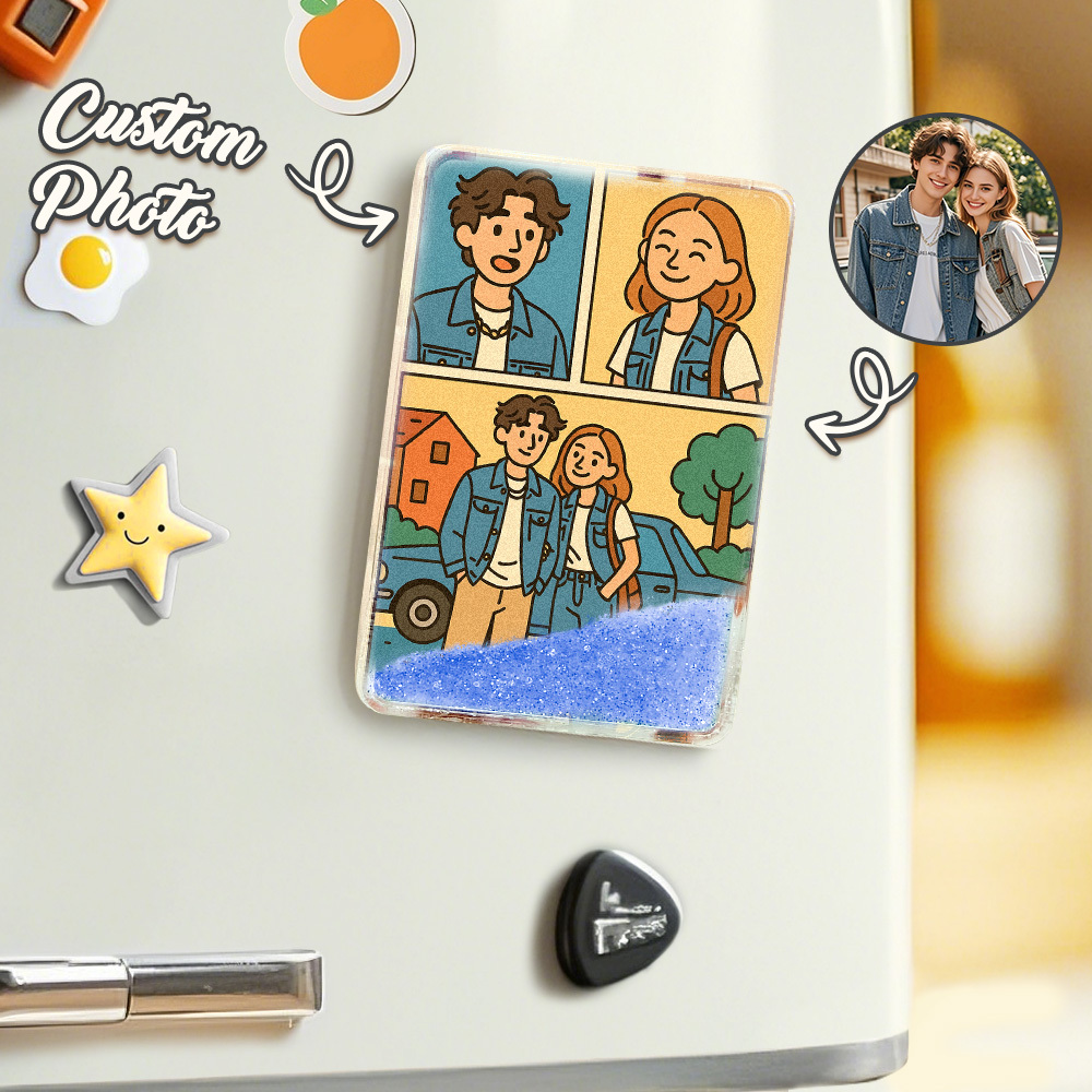 Custom Cartoon Hand-Painted Style Photo Fridge Magnet Personalized Quicksand Fridge Magnet Christmas Gift - MyMoonLampAu