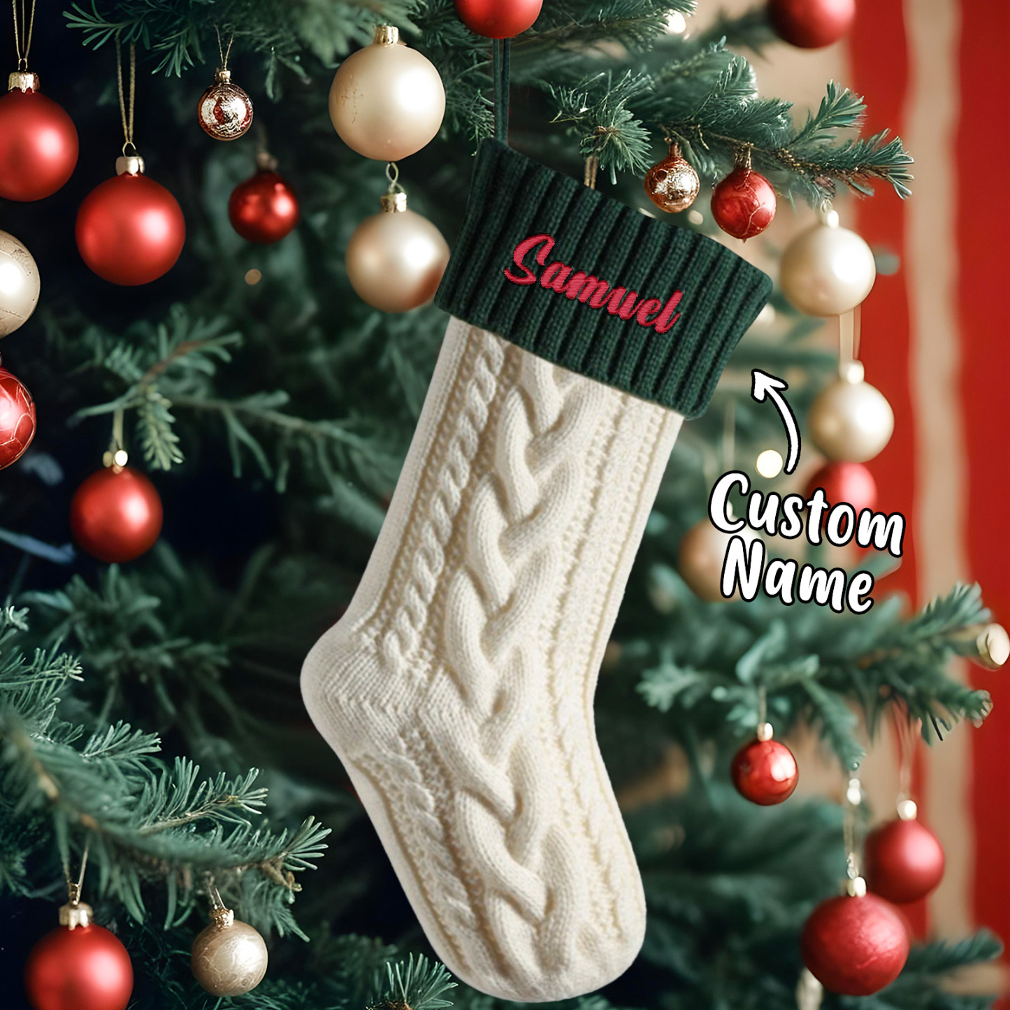 Custom Name Christmas Decoration Knitted Christmas Socks Gift Bag Knitted Christmas Tree Socks - MyMoonLampAu