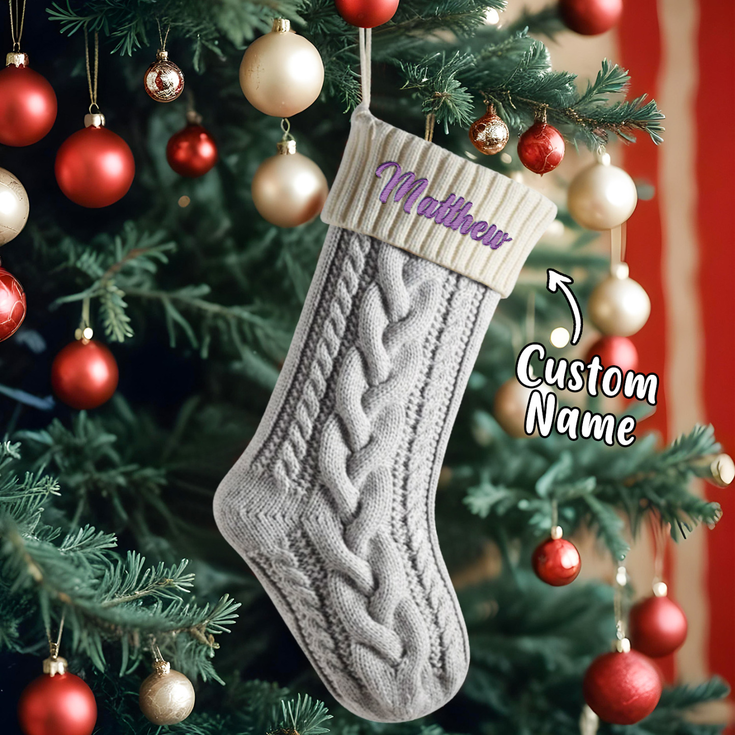 Custom Name Christmas Decoration Knitted Christmas Socks Gift Bag Knitted Christmas Tree Socks - MyMoonLampAu