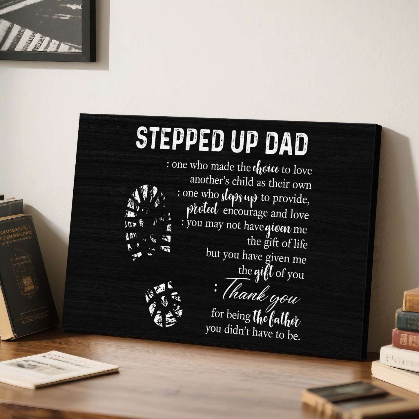 Father's Day Canvas Print Wall Art "Stepped Up Dad Definition" Black and White Typography Poster, Rustic Framed Gift for Bonus Dad or Stepdad
