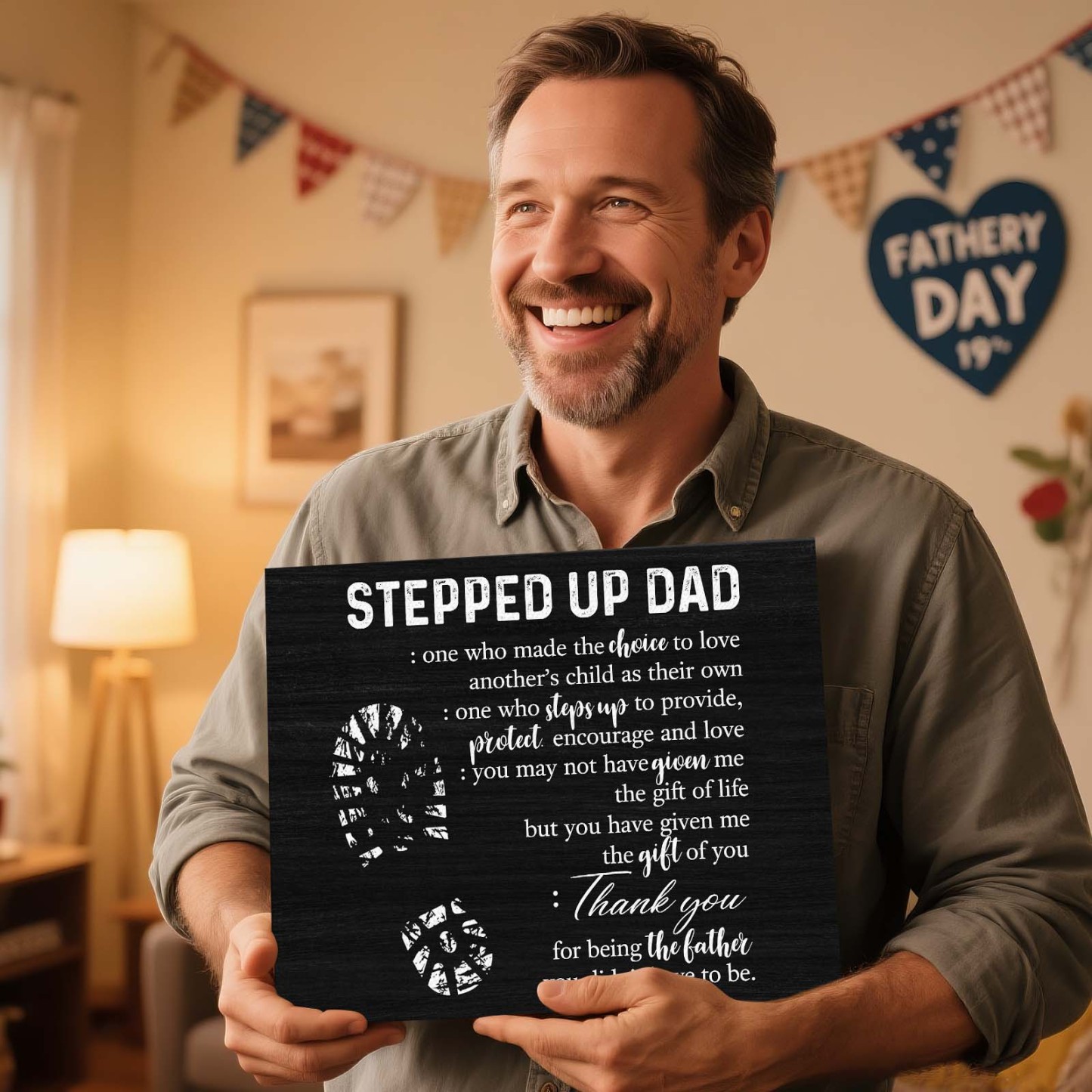 Father's Day Canvas Print Wall Art "Stepped Up Dad Definition" Black and White Typography Poster, Rustic Framed Gift for Bonus Dad or Stepdad