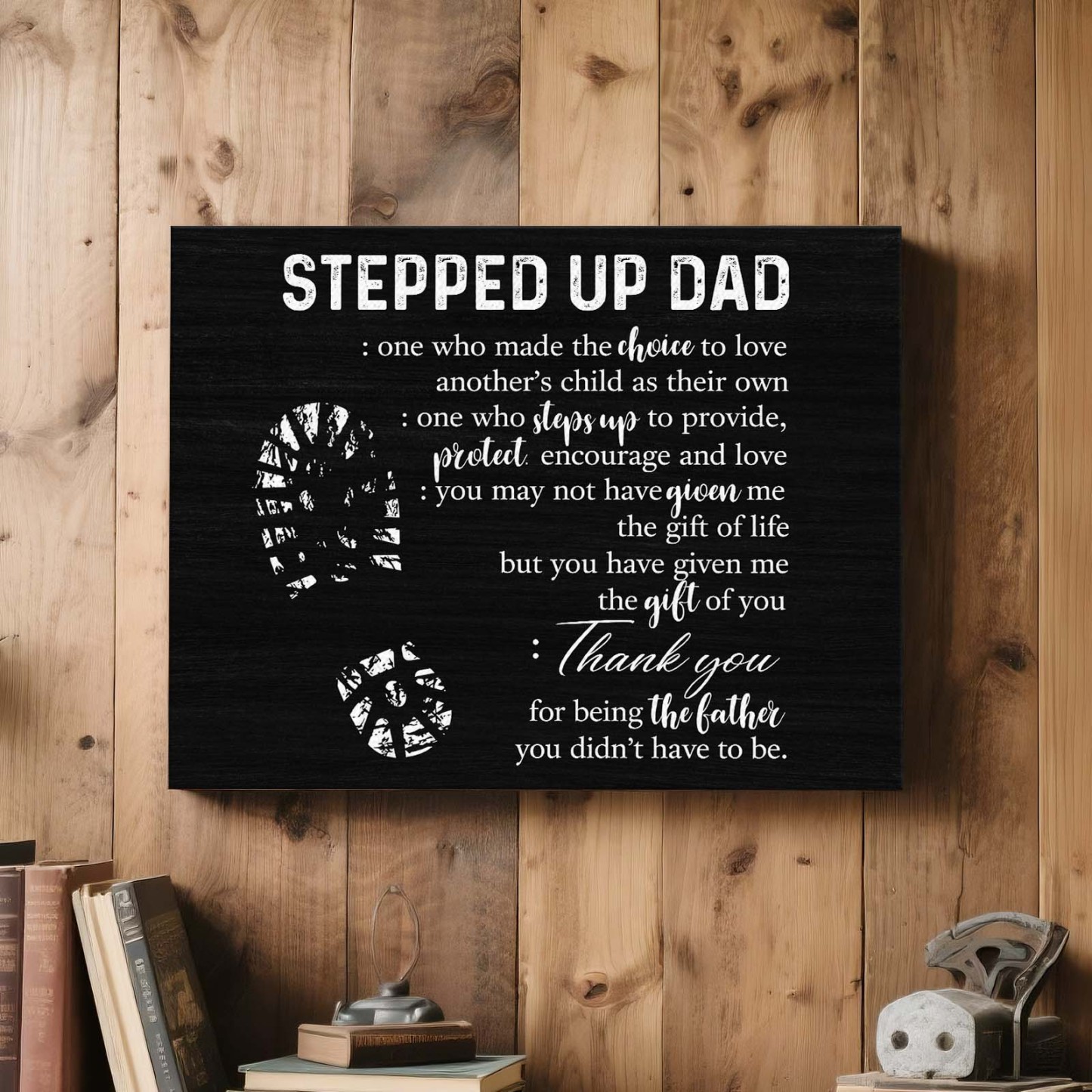 Father's Day Canvas Print Wall Art "Stepped Up Dad Definition" Black and White Typography Poster, Rustic Framed Gift for Bonus Dad or Stepdad