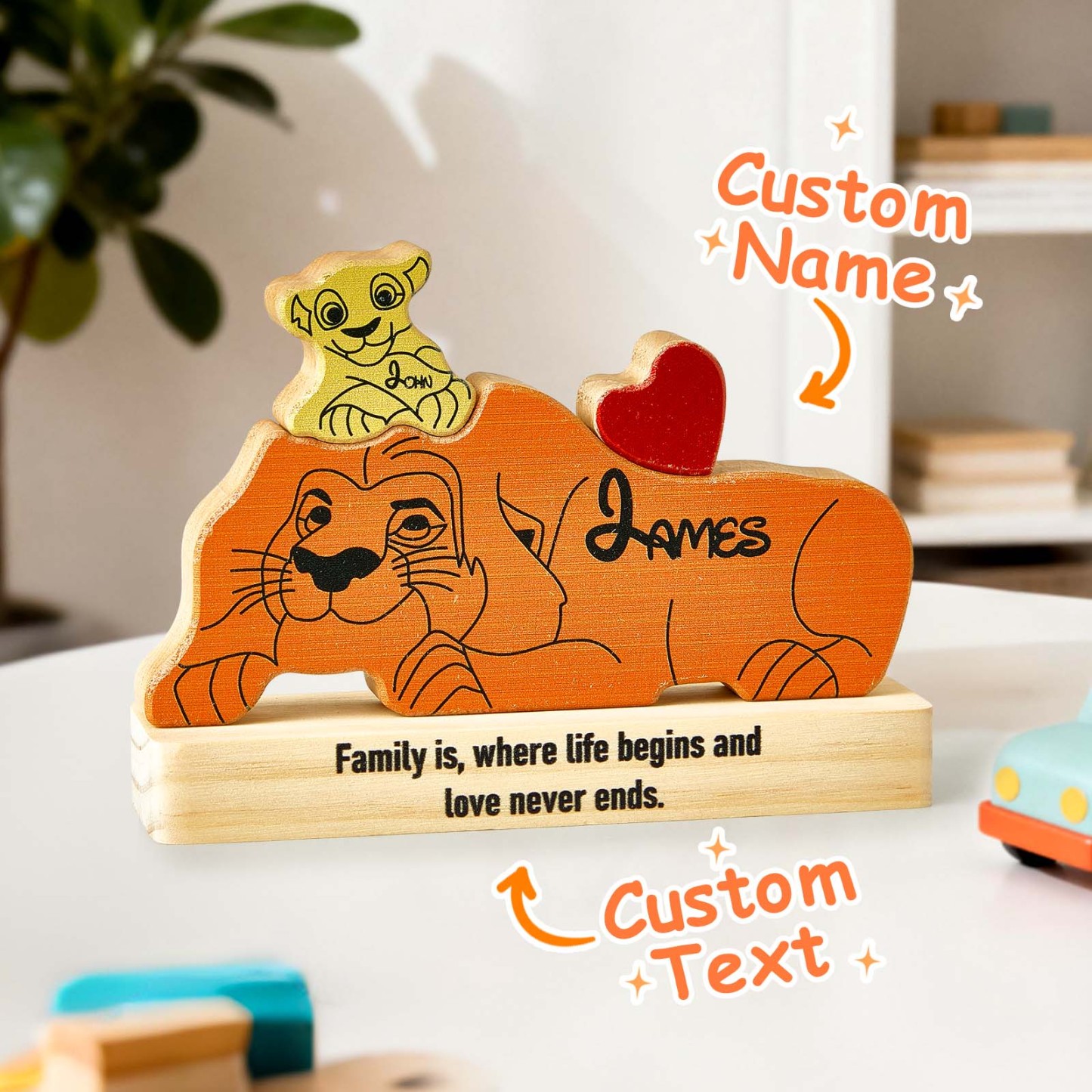 Personalised Wooden Lion Puzzle – Custom Pine Blocks with 2–4 Names