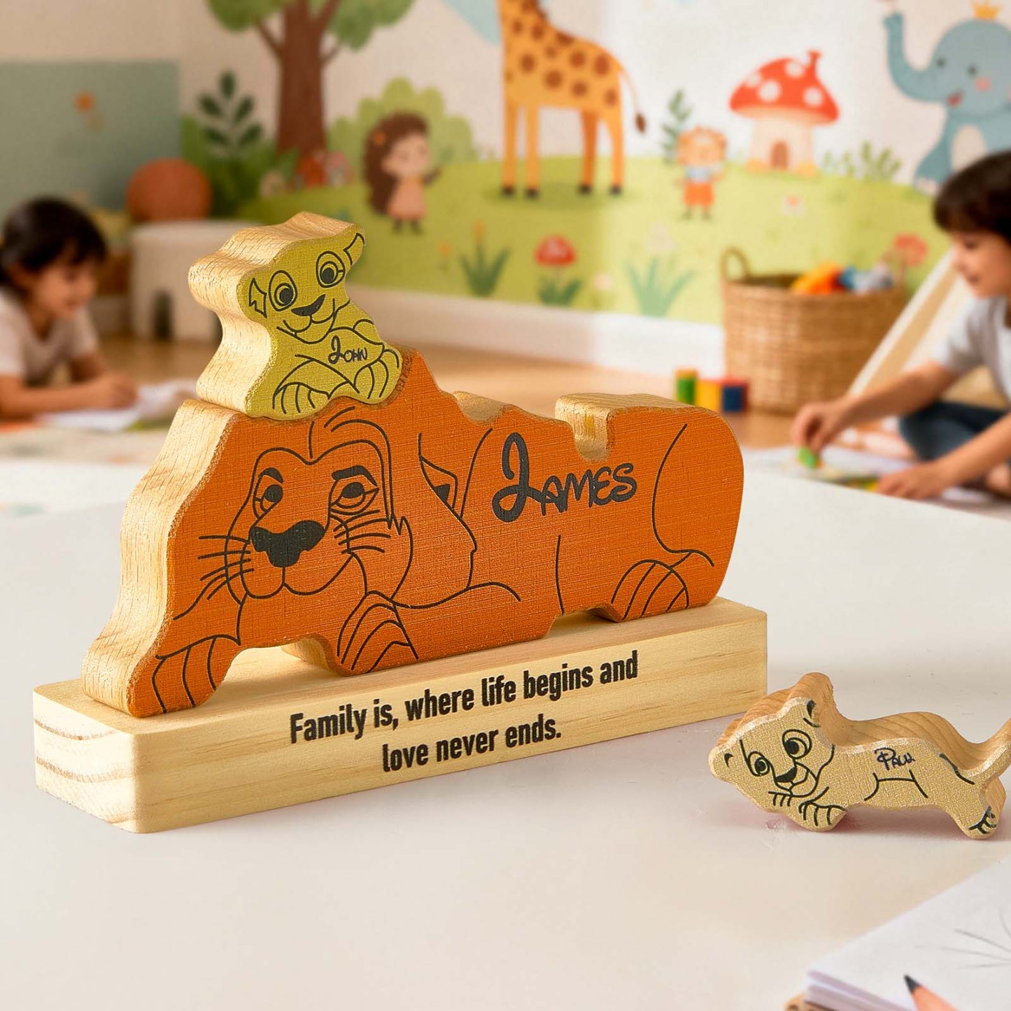Personalised Wooden Lion Puzzle – Custom Pine Blocks with 2–4 Names