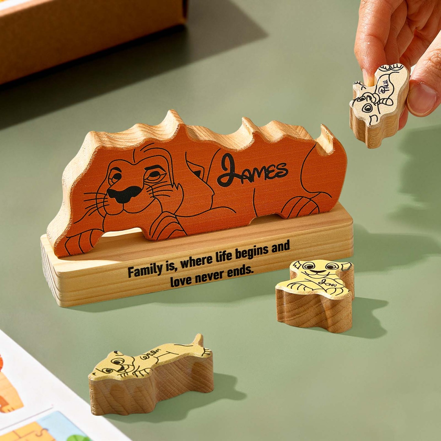 Personalised Wooden Lion Puzzle – Custom Pine Blocks with 2–4 Names
