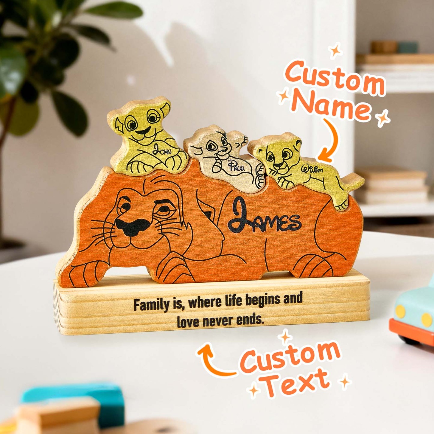Personalised Wooden Lion Puzzle – Custom Pine Blocks with 2–4 Names
