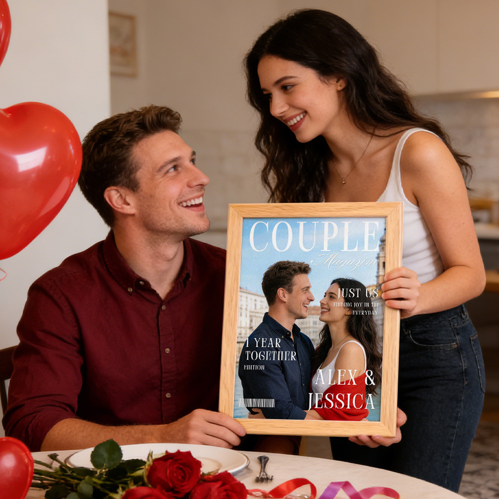 Couple Portrait Magazine Frame Custom Name & Memory Decor Valentine’s Day Gift - MyMoonLampAu