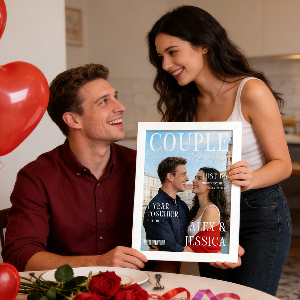 Couple Portrait Magazine Frame Custom Name & Memory Decor Valentine’s Day Gift - MyMoonLampAu