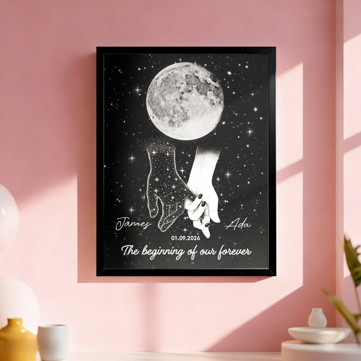 Galaxy Night Couple Holding Hands Custom Moon Phase Anniversary Date - Personalized Poster - Heartfelt Anniversary Gift, Valentine Gift, Wedding Gift For Couple - MyMoonLampAu