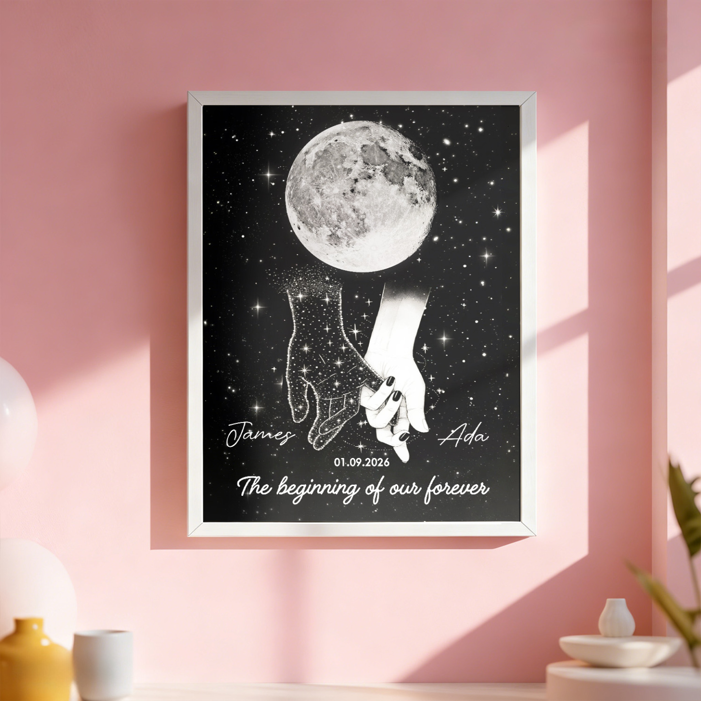 Galaxy Night Couple Holding Hands Custom Moon Phase Anniversary Date - Personalized Poster - Heartfelt Anniversary Gift, Valentine Gift, Wedding Gift For Couple - MyMoonLampAu