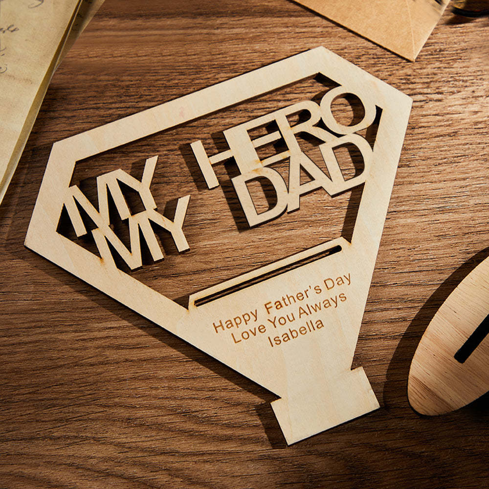 Custom Engraved MY DAD MY HERO Wooden Plaque Stand Personalized Keepsake Father's Day Gifts - mymoonlampau