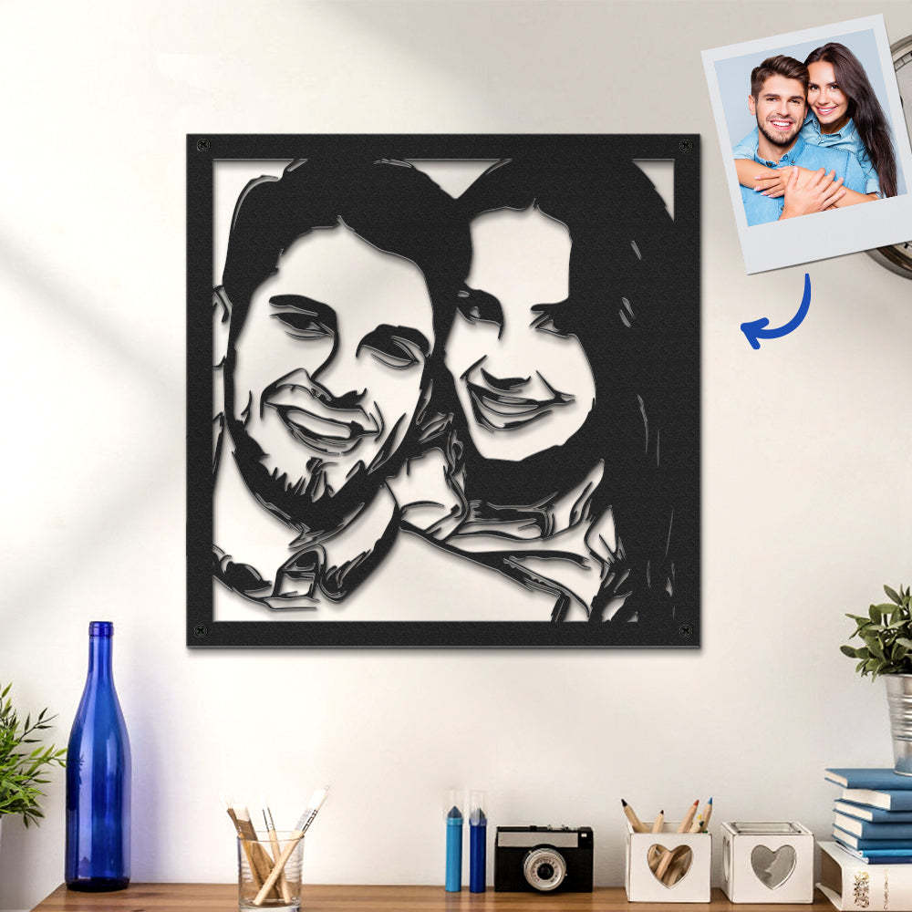 Custom Portrait Metal Wall Art Personalized Couple Photo LED Lights Decor Gift for Lover - photomoonlamp