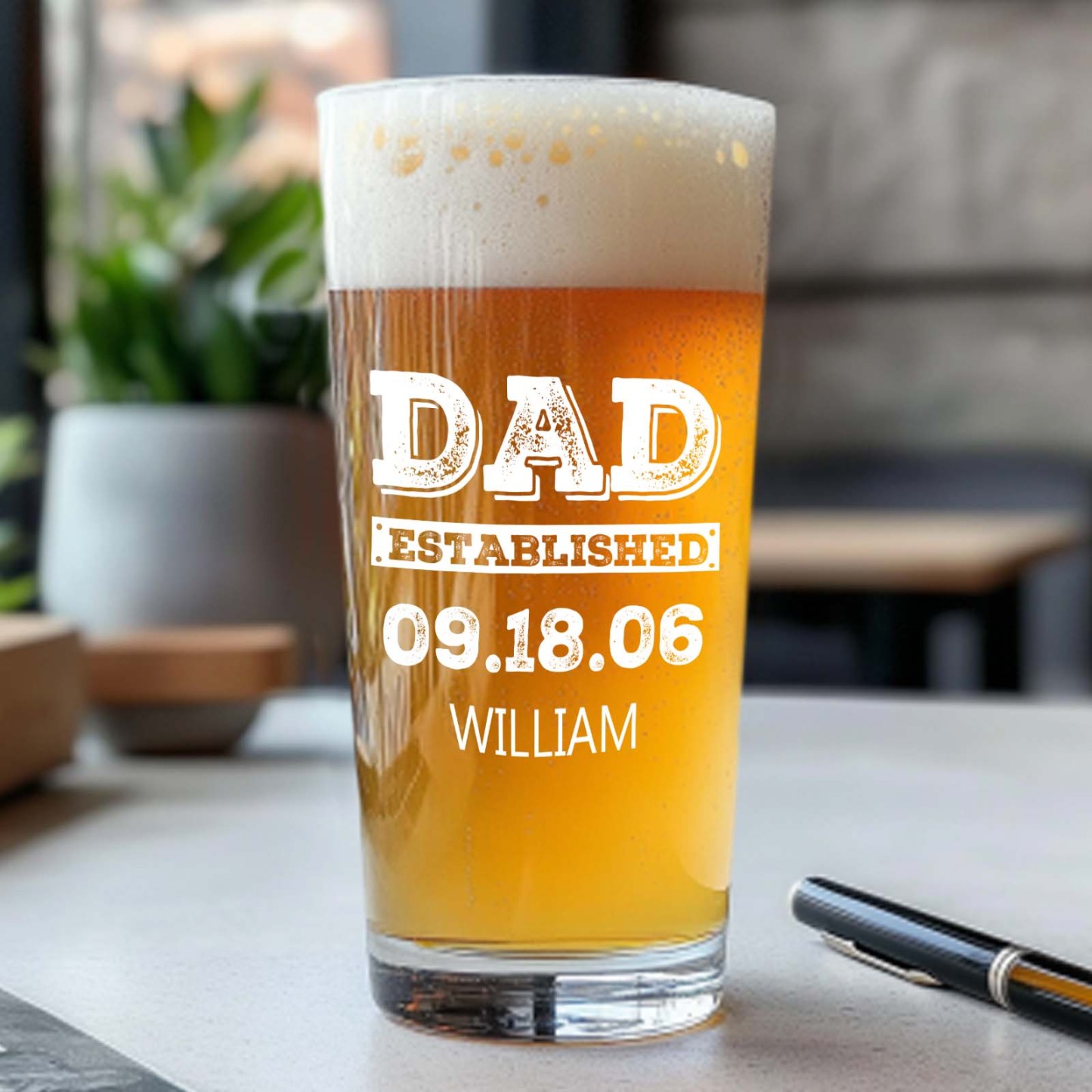 Dad Established Custom Name Father's Day Print Beer Glass 16oz