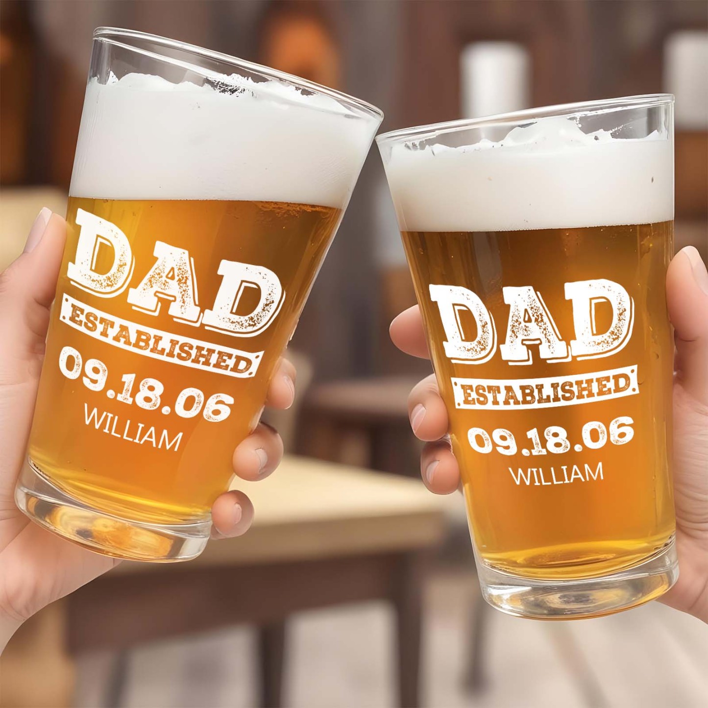 Dad Established Custom Name Father's Day Print Beer Glass 16oz