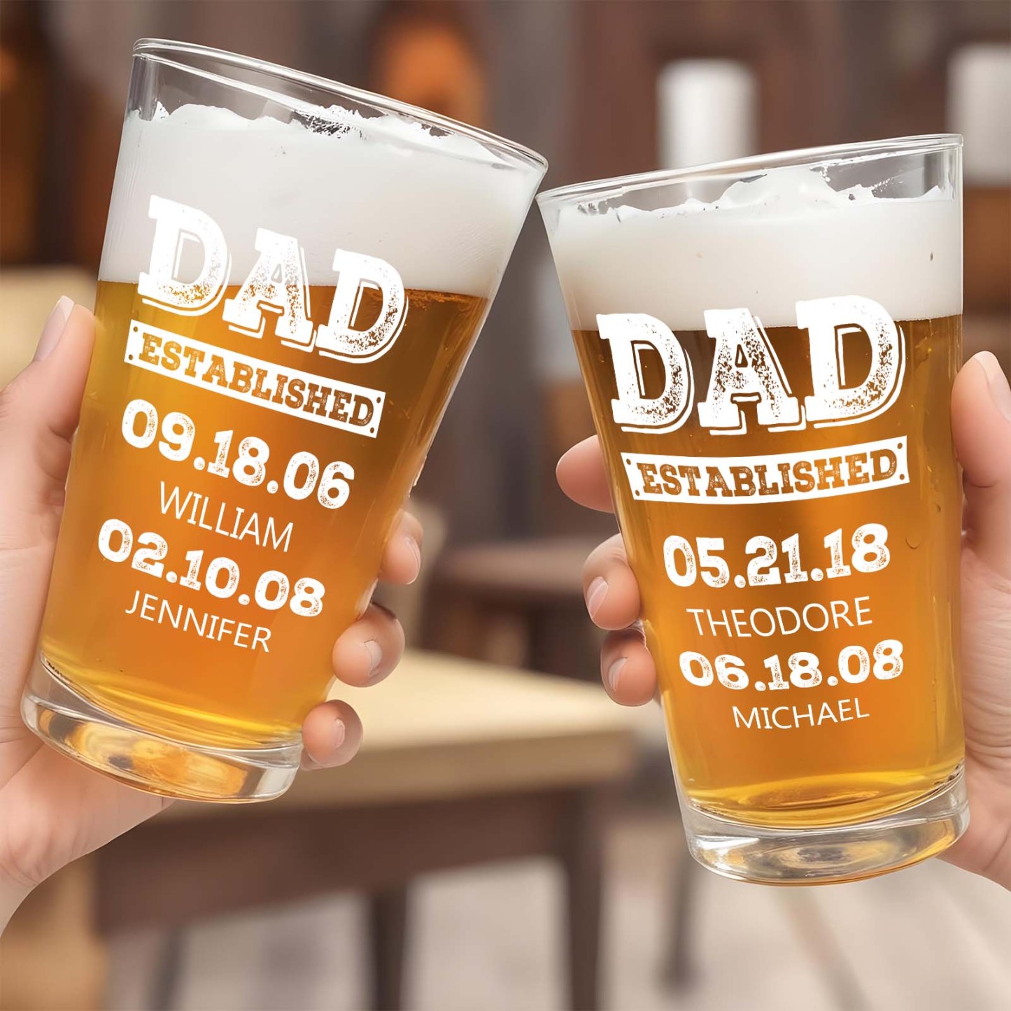 Dad Established Custom Name Father's Day Print Beer Glass 16oz