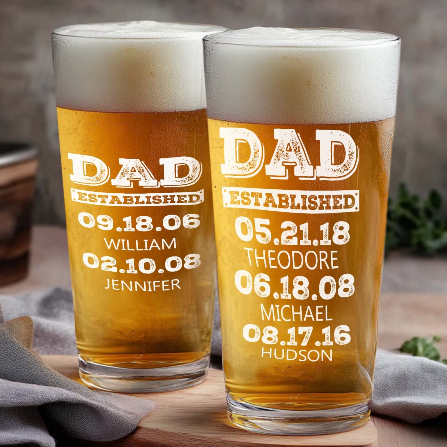Dad Established Custom Name Father's Day Print Beer Glass 16oz