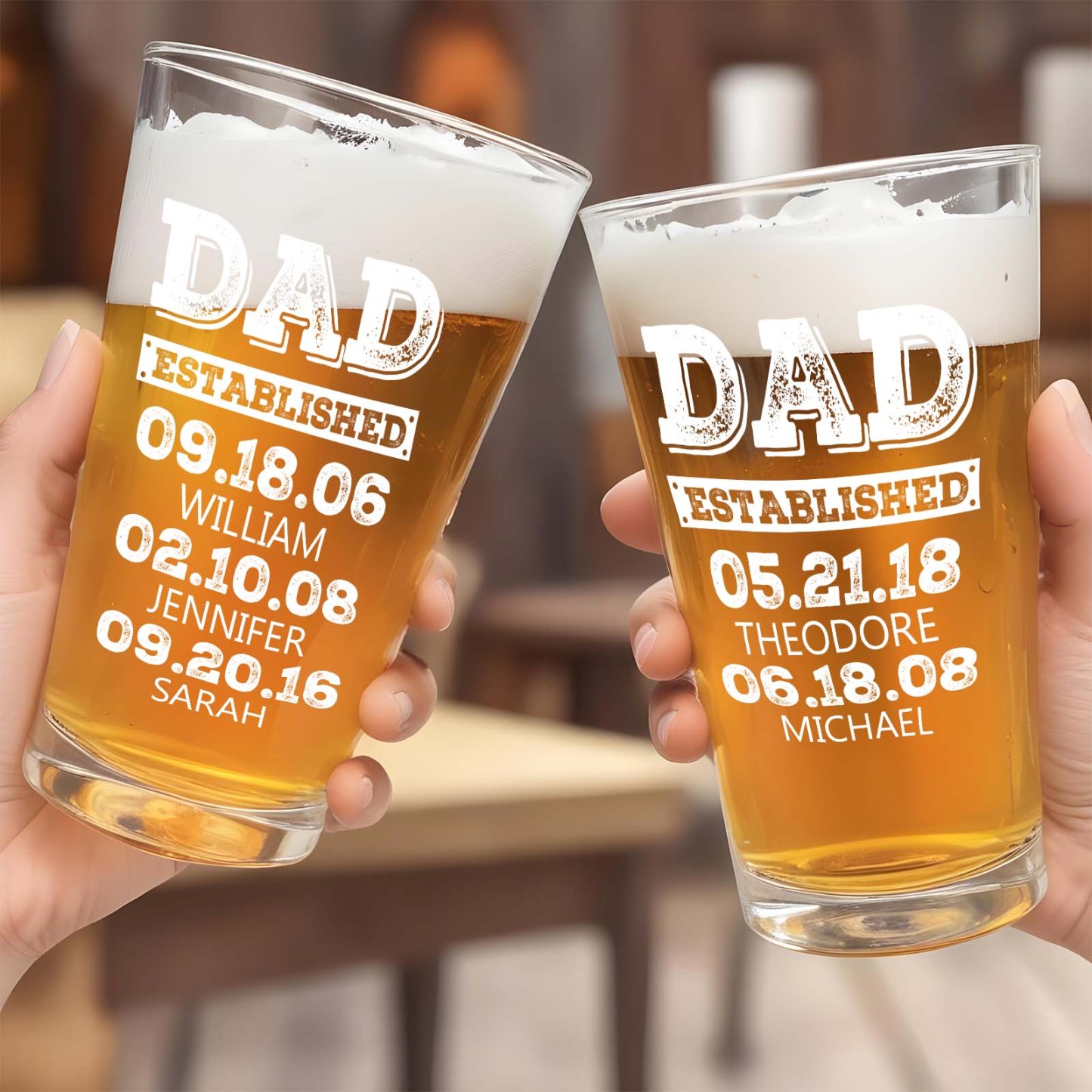 Dad Established Custom Name Father's Day Print Beer Glass 16oz