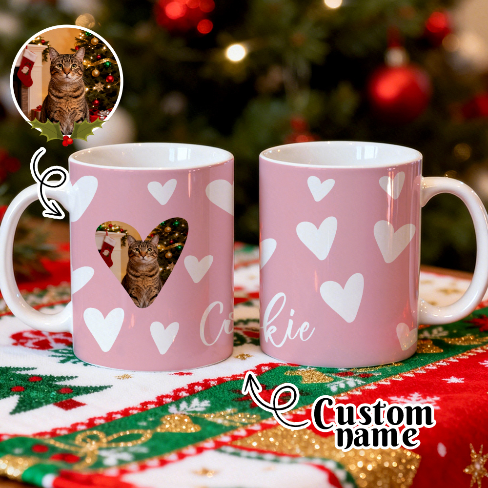 Christmas Gift Custom Cat Photo Mug Personalized Name and Photo Ceramic Mug Pet Lover Holiday Gift - MyMoonLampAu