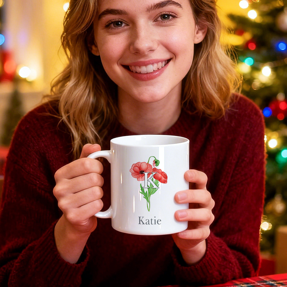Christmas Gift Custom Birthday Flower & Name Mug Personalized Monthly Birth Flower Ceramic Cup Birthday Gift - MyMoonLampAu