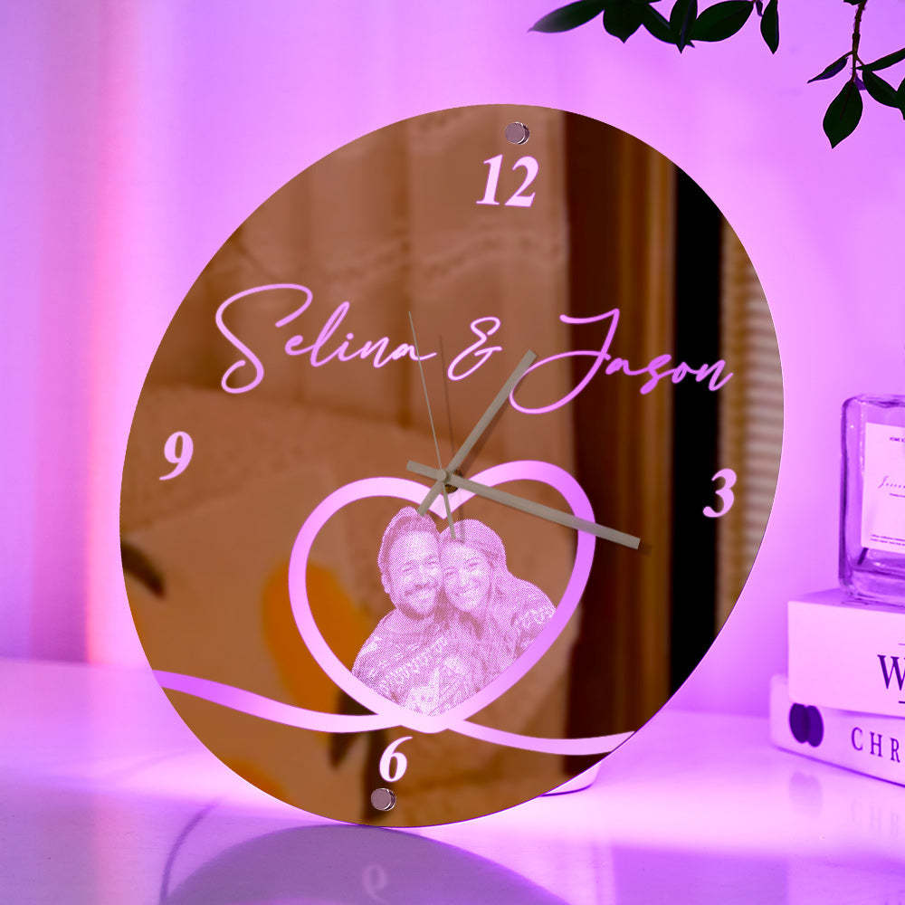 Custom Photo Clock Personalized Name Mirror Light Wall Decor - mymoonlampau