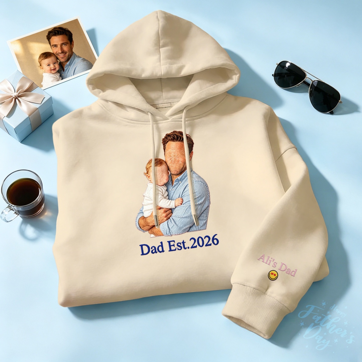 Custom Full Color Embroidered Sweatshirt Portrait Couple/Dad/Mom Family Gift Personalized Fathers Day Gift Idea - MyMoonLampAu