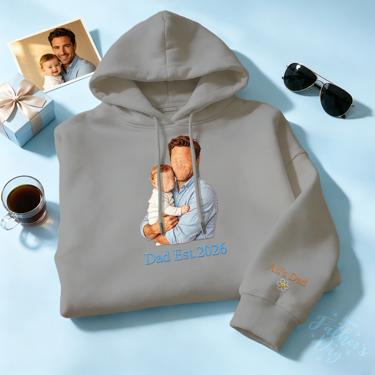 Custom Full Color Embroidered Sweatshirt Portrait Couple/Dad/Mom Family Gift Personalized Fathers Day Gift Idea - MyMoonLampAu