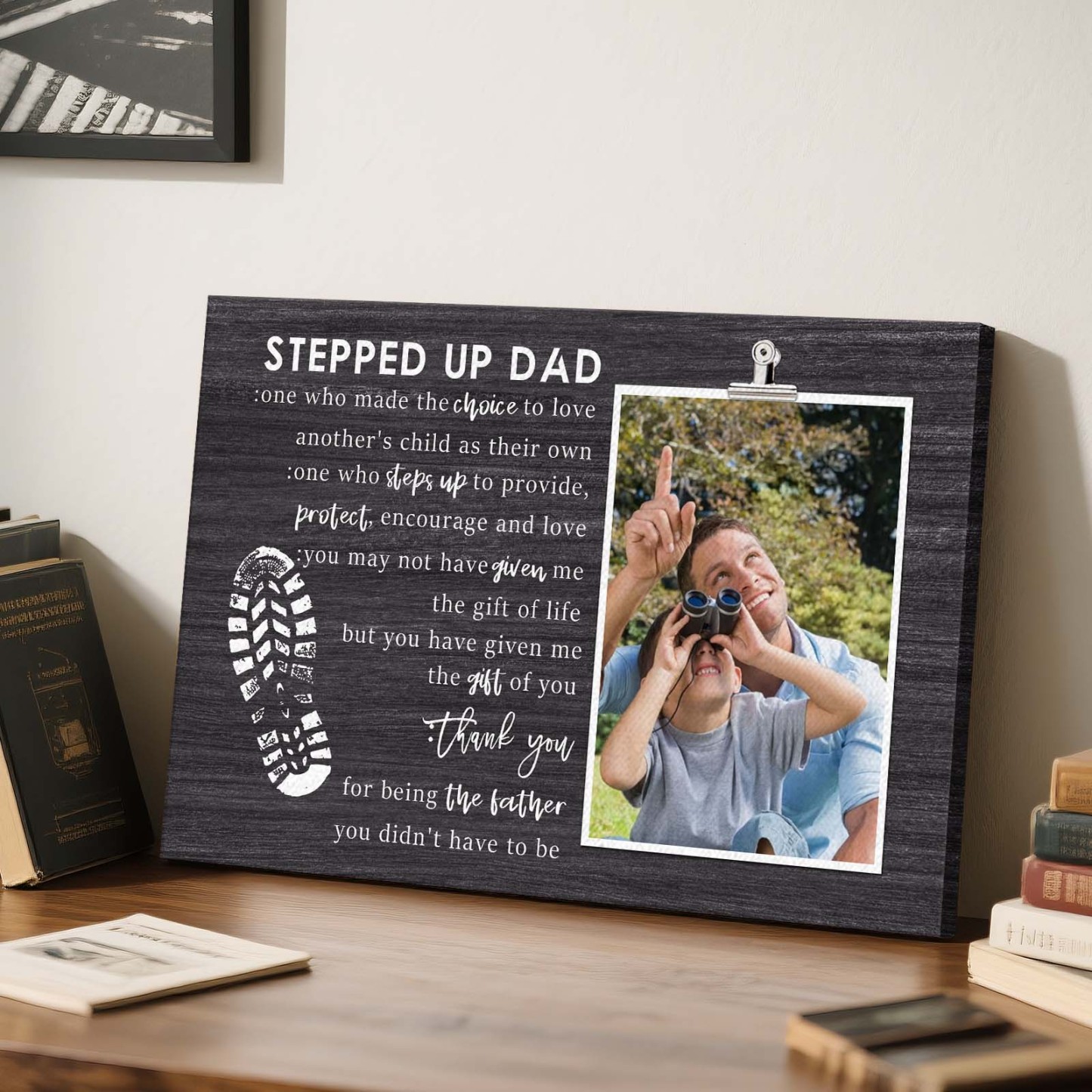 Stepped Up Dad Wood Frame Stepdad Birthday Gift for Daughter & Son Father's Day Gift