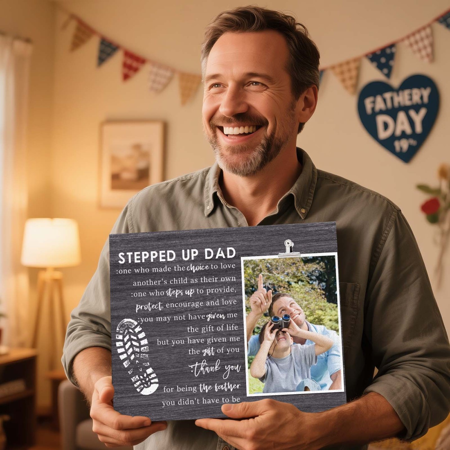 Stepped Up Dad Wood Frame Stepdad Birthday Gift for Daughter & Son Father's Day Gift