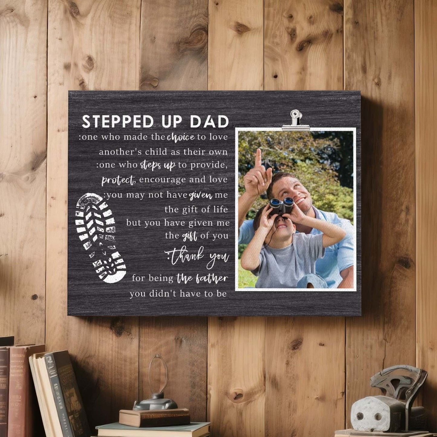 Stepped Up Dad Wood Frame Stepdad Birthday Gift for Daughter & Son Father's Day Gift