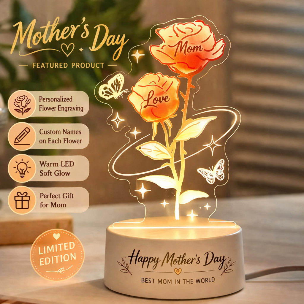 Personalized Eternal Rose Tulip Lily of the Valley LED Night Light – Mother’s Day Custom Flower Lamp Gift for Mom - MyMoonLampAu