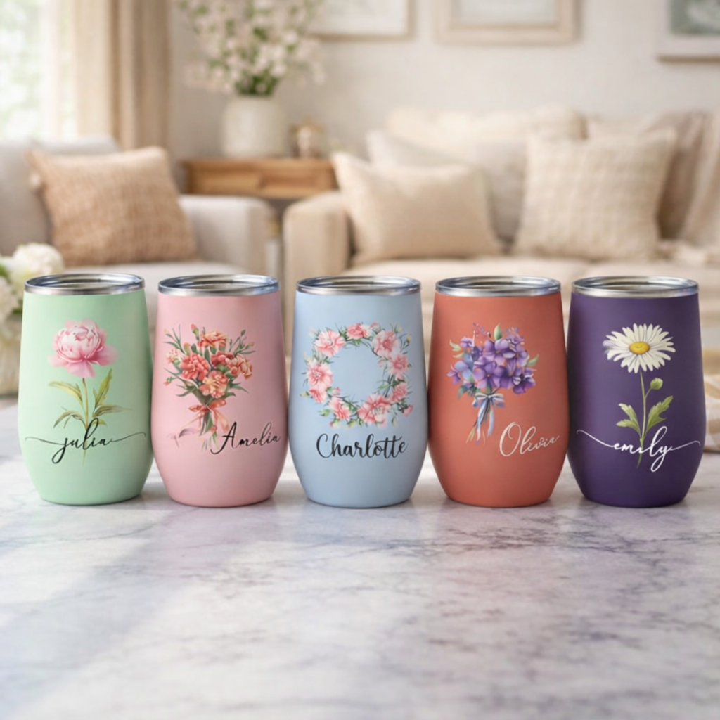 Custom Birth Flower Wine Tumbler for Her - Personalized Name Mother’s Day Gift - MyMoonLampAu