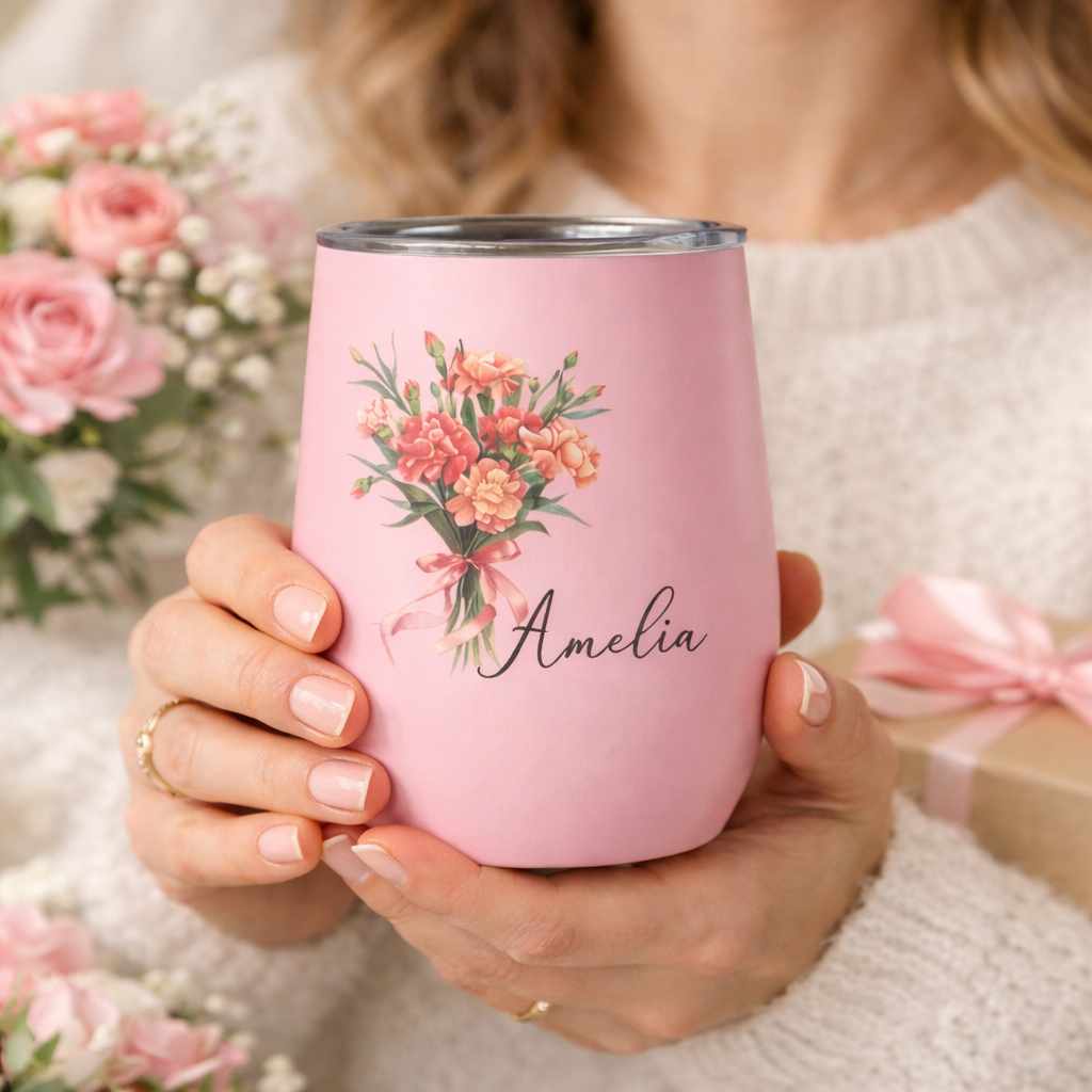 Custom Birth Flower Wine Tumbler for Her - Personalized Name Mother’s Day Gift - MyMoonLampAu