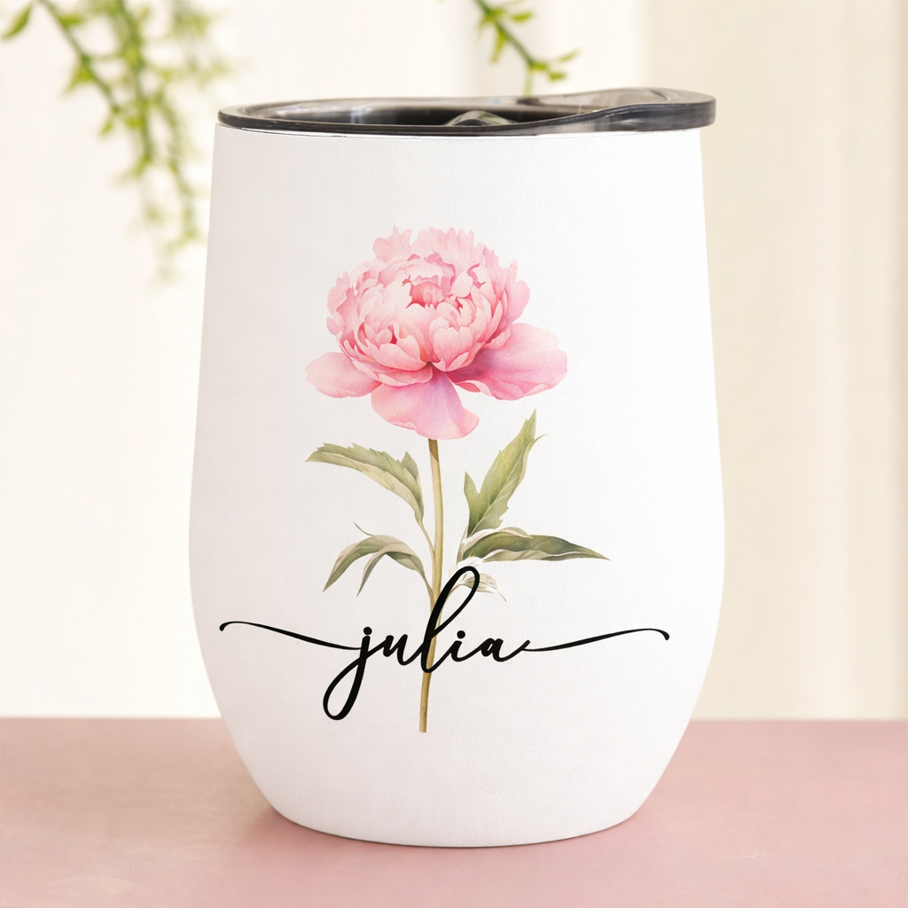 Custom Birth Flower Wine Tumbler for Her - Personalized Name Mother’s Day Gift - MyMoonLampAu