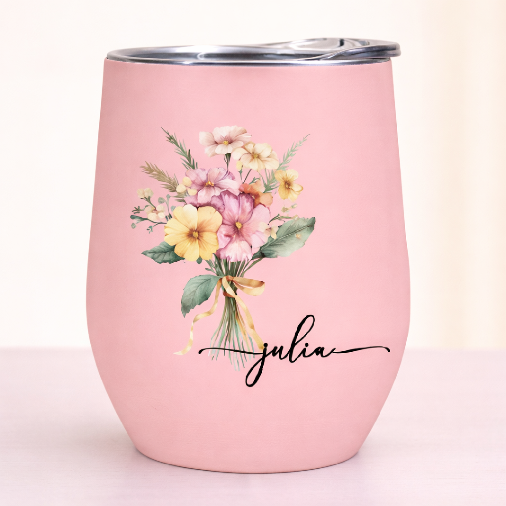 Custom Birth Flower Wine Tumbler for Her - Personalized Name Mother’s Day Gift - MyMoonLampAu