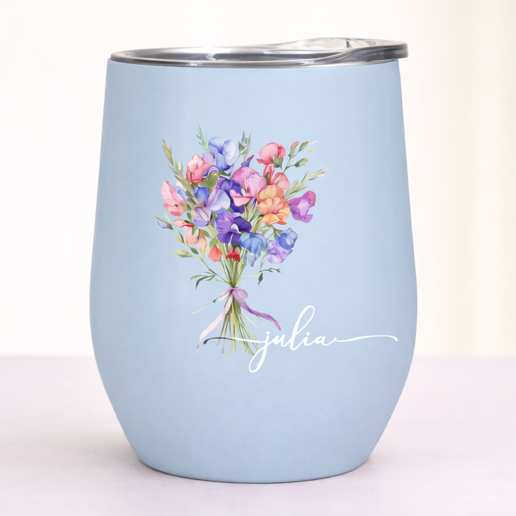 Custom Birth Flower Wine Tumbler for Her - Personalized Name Mother’s Day Gift - MyMoonLampAu