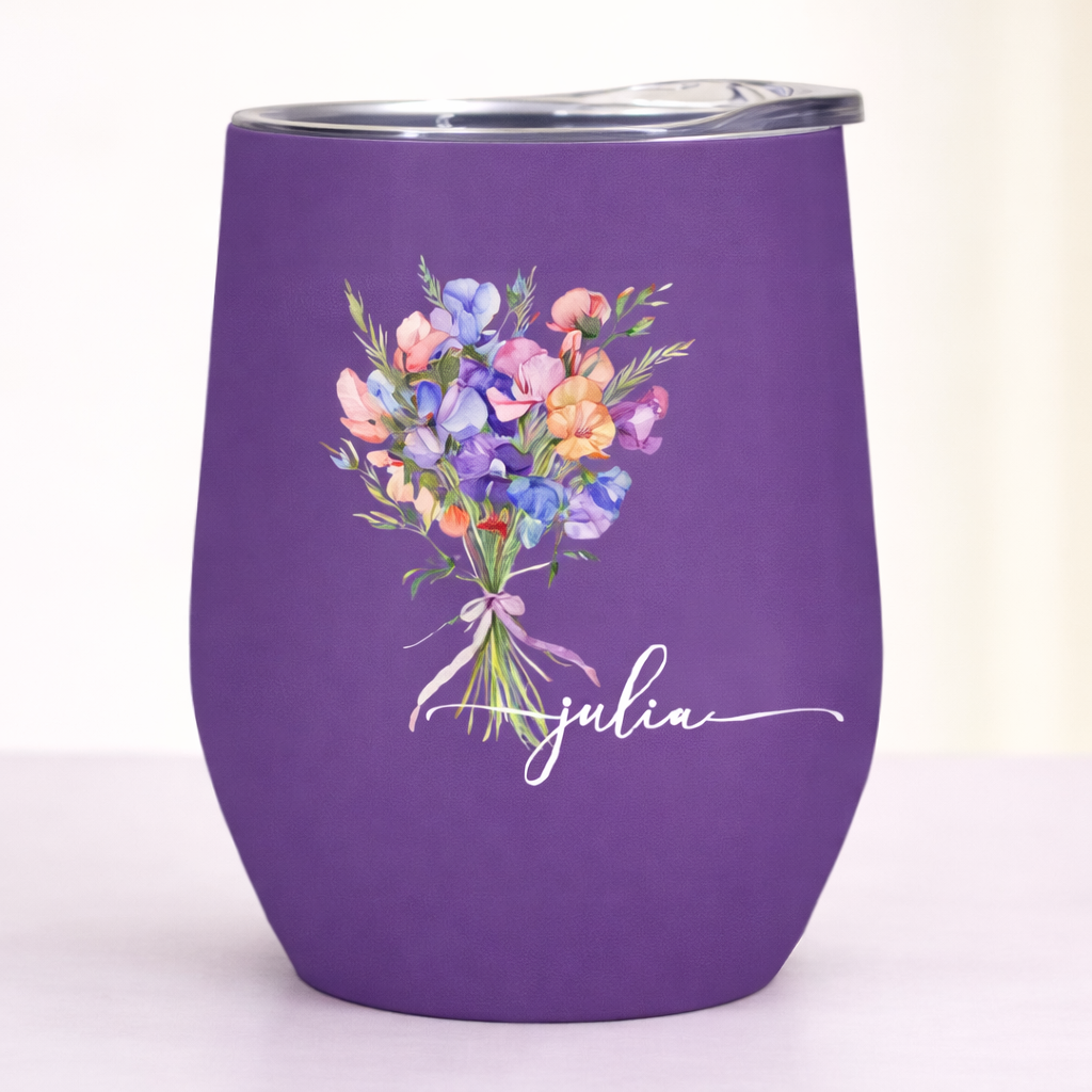 Custom Birth Flower Wine Tumbler for Her - Personalized Name Mother’s Day Gift - MyMoonLampAu