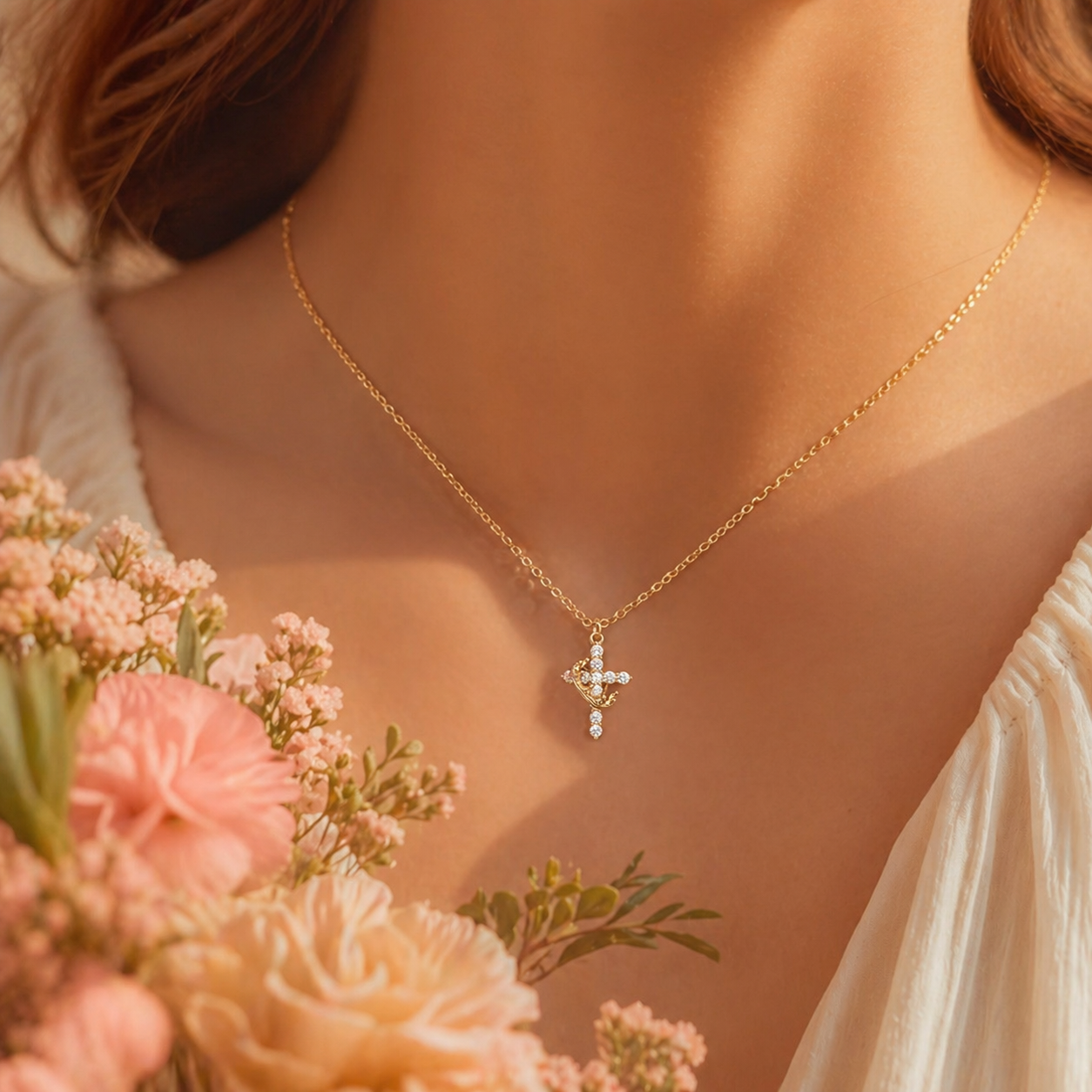 Dainty Crown Cross Necklace for Women, Copper-Based Silver-Plated Zircon Pendant, Perfect Mother's Day Gift for Mom - MyMoonLampAu