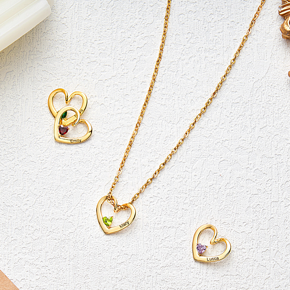 Personalized Heart Name Birthstone Necklace For Mom Grandma