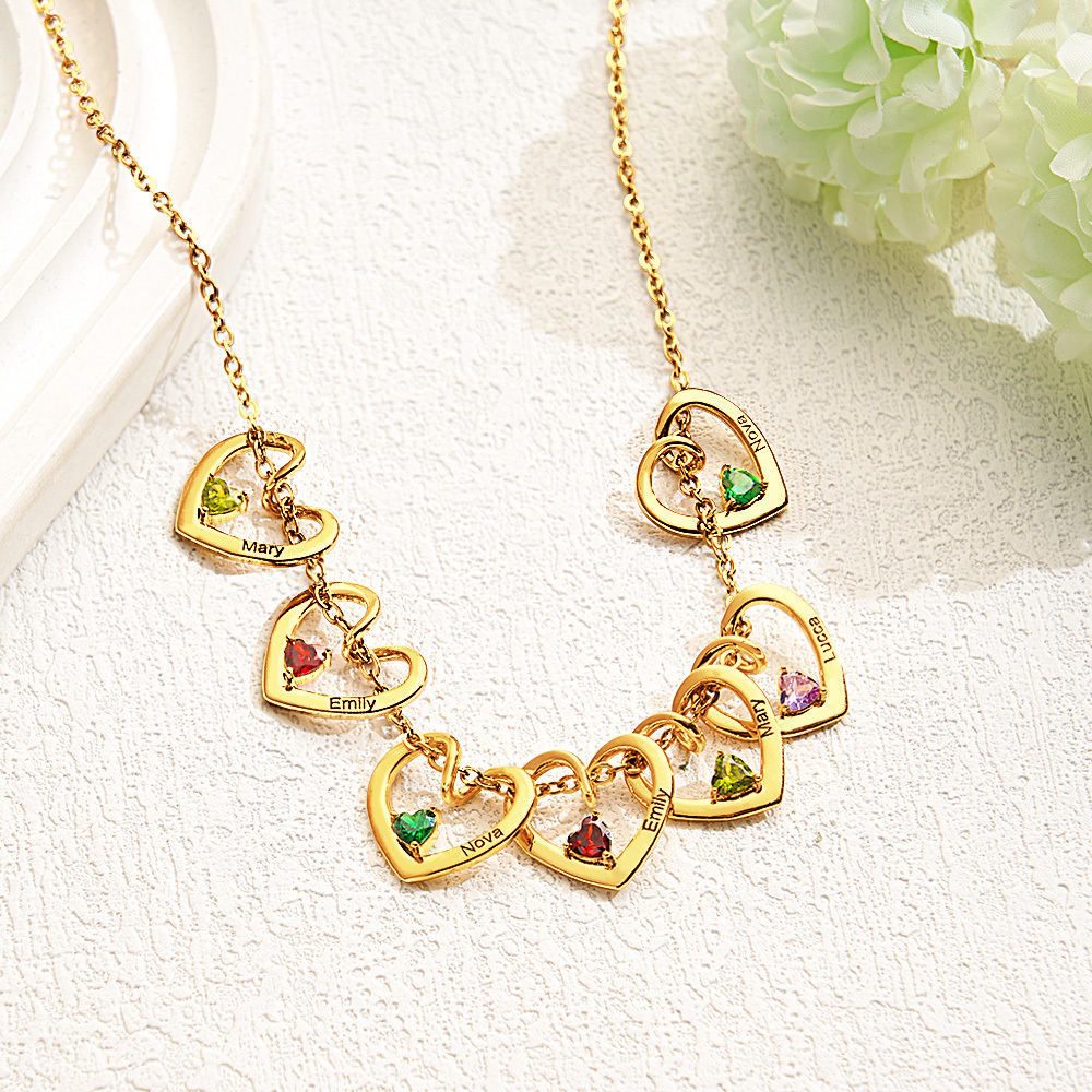 Personalized Heart Name Birthstone Necklace For Mom Grandma