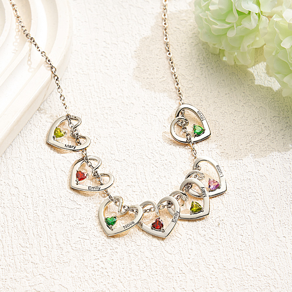 Personalized Heart Name Birthstone Necklace For Mom Grandma