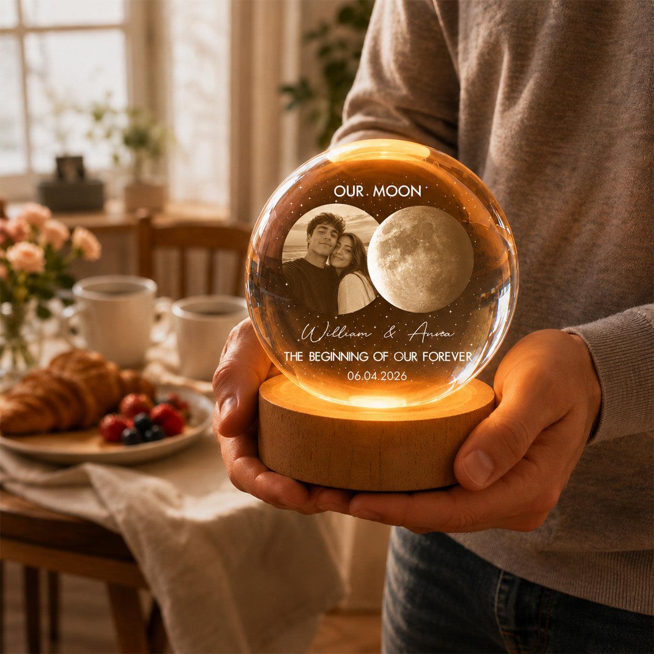 Custom Photo Moon Crystal Sphere Gift For Lovers - Romantic LED Night Light For Bedroom Decor - MyMoonLampAu
