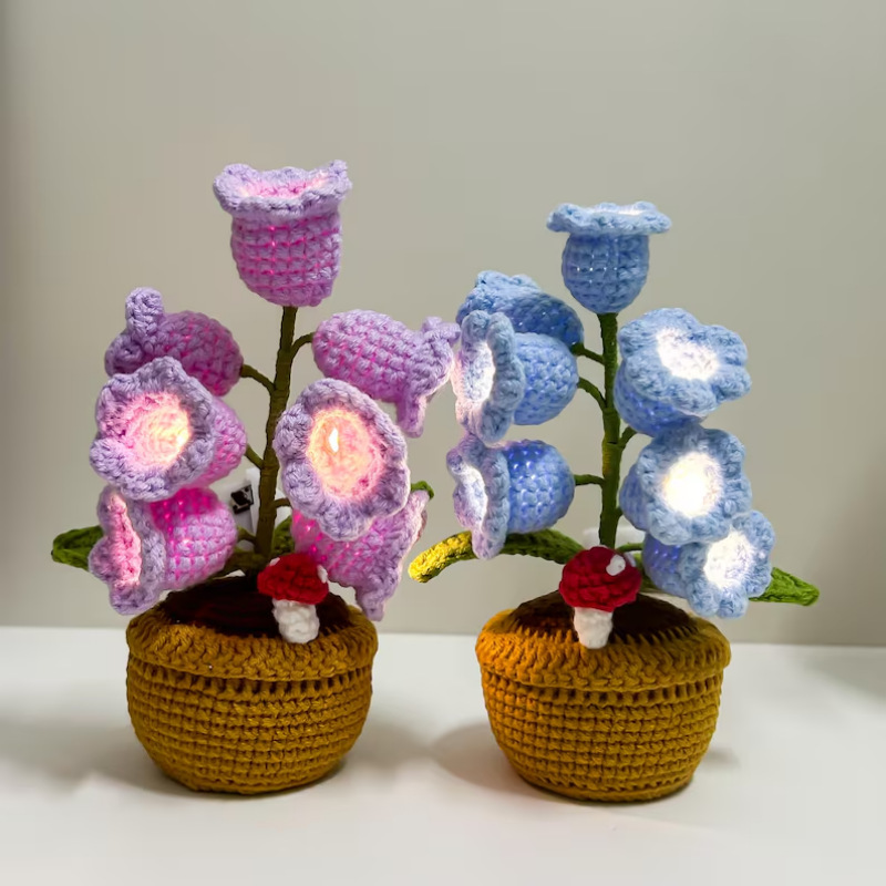 LED Light Crocheted Lily of the Valley - Glowing Potted Knit Flower Home Ambiance Decor - MyMoonLampAu