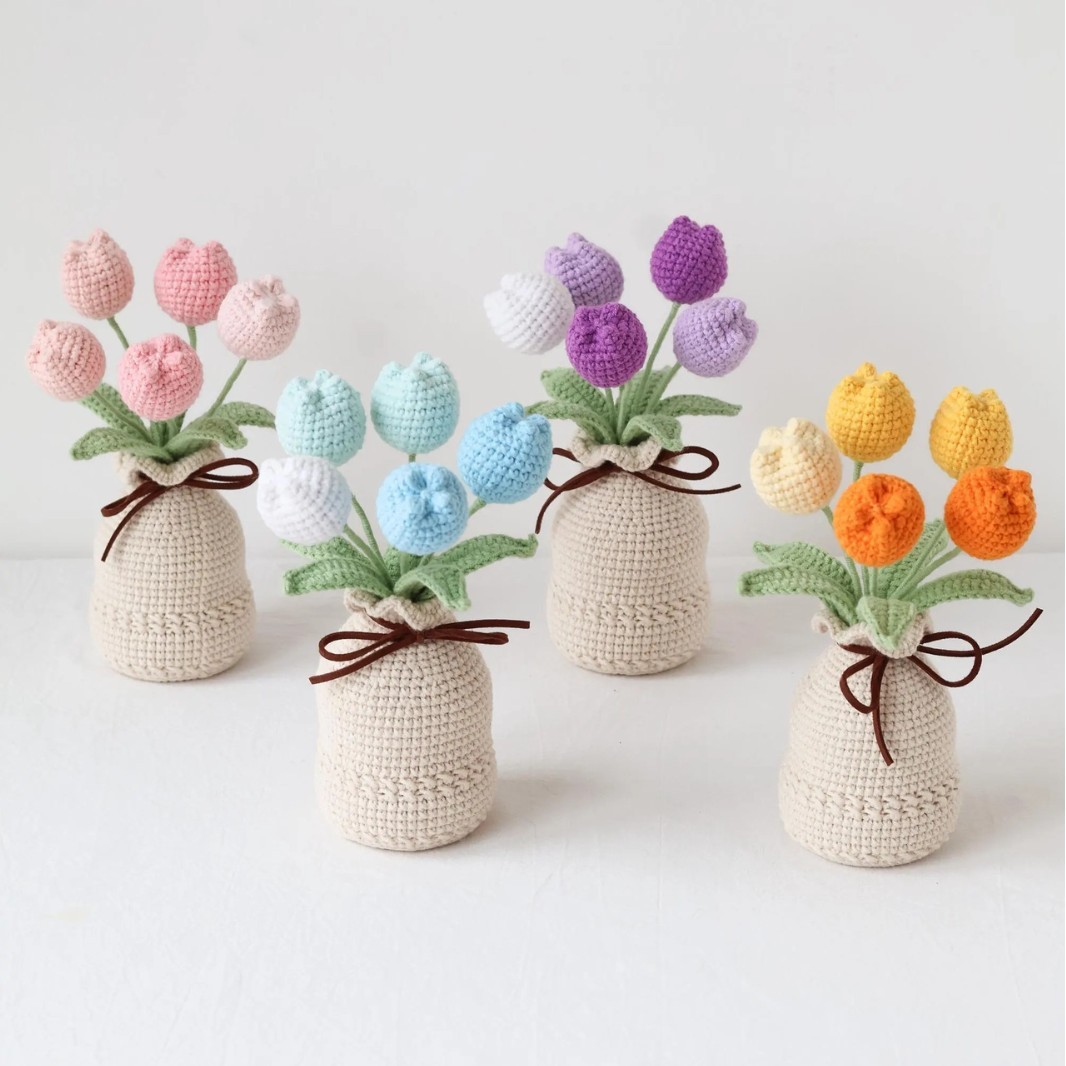 Handcrafted Tulip Crochet Pot Birthday Anniversary Gift for Friends and Family - MyMoonLampAu