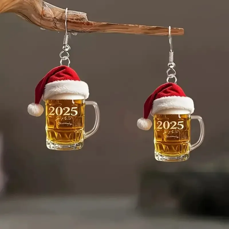 2025 Christmas Beer Mug Acrylic Earrings Santa Hat Beer Mug Acrylic Earrings - MyMoonLampAu