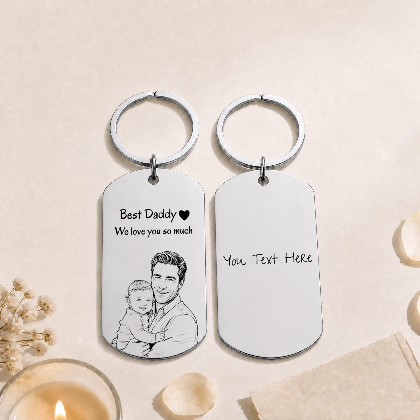 Personalised Photo Keychain Custom Engraved Sketch Keyring for Dad Memorial Stainless Steel Keepsake Birthday Gift for Him - MyMoonLampAu