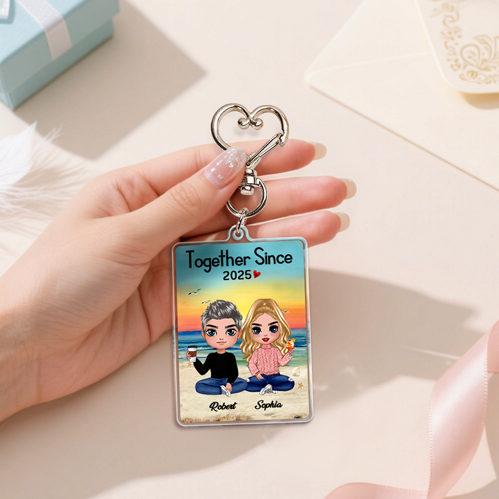 Custom Photo Keychain Personalized Couple Portrait Key Ring with Heart-Shaped Hook - MyMoonLampAu