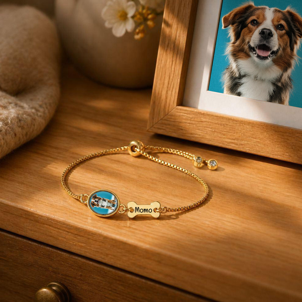 Personalized Pet Photo Bracelet, Custom Name Engraving & Pet Memorial Charm Jewelry, Cat Loss Gift, Remembering Pet - MyMoonLampAu